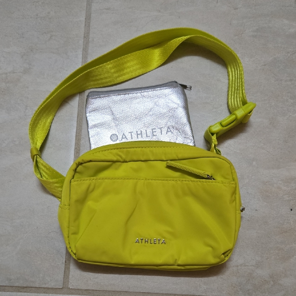 Athleta Neon Yellow Crossbody with Silver Pouch